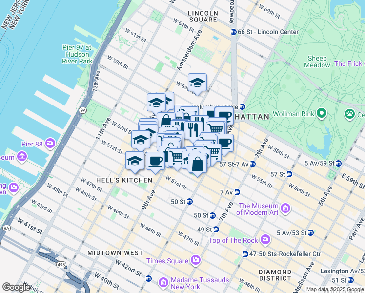 map of restaurants, bars, coffee shops, grocery stores, and more near 345 West 53rd Street in New York