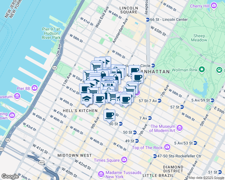 map of restaurants, bars, coffee shops, grocery stores, and more near 800 9th Avenue in New York