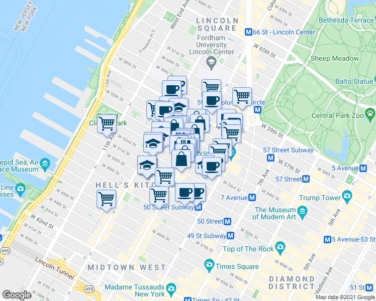 map of restaurants, bars, coffee shops, grocery stores, and more near in New York