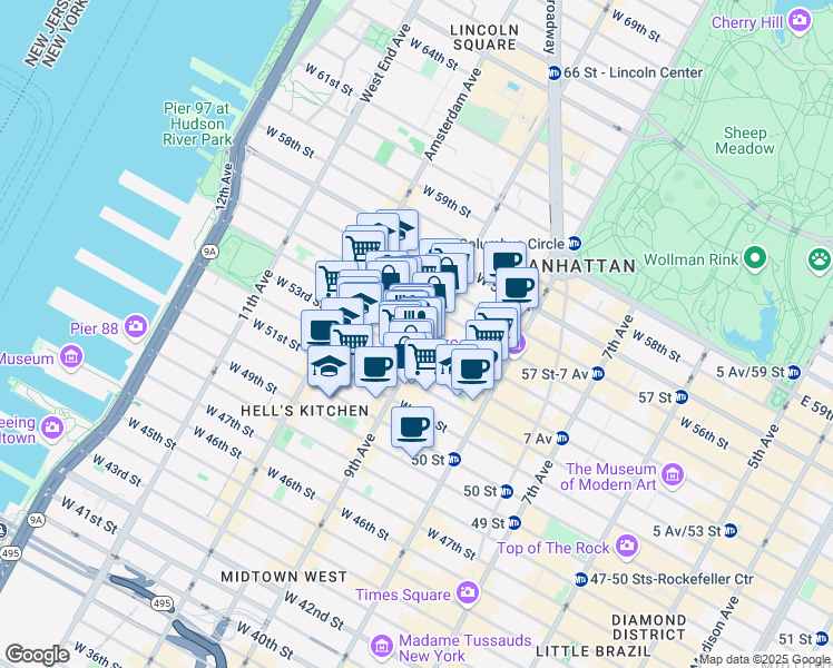 map of restaurants, bars, coffee shops, grocery stores, and more near in New York