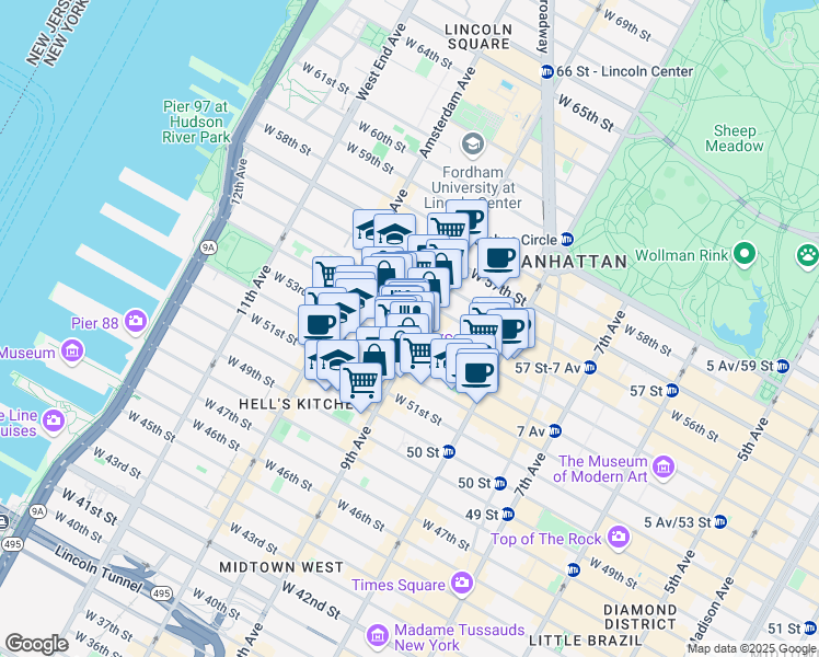 map of restaurants, bars, coffee shops, grocery stores, and more near in New York