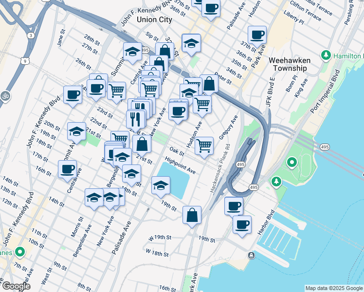 map of restaurants, bars, coffee shops, grocery stores, and more near 226 Oak Street in Weehawken