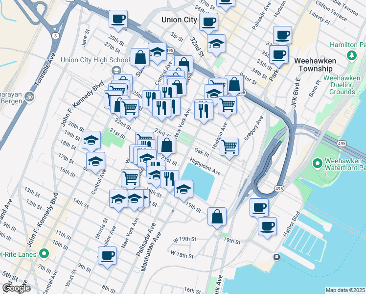 map of restaurants, bars, coffee shops, grocery stores, and more near 2201 Palisade Avenue in Union City