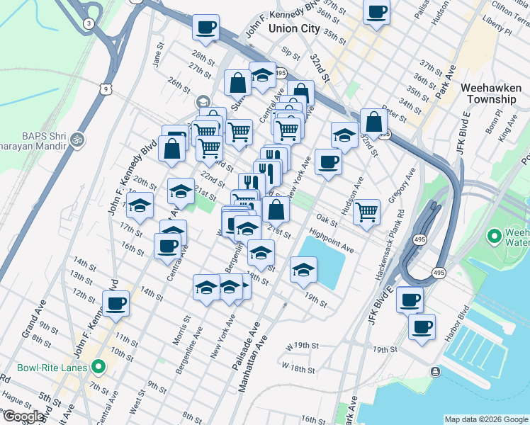 map of restaurants, bars, coffee shops, grocery stores, and more near 2105 New York Avenue in Union City