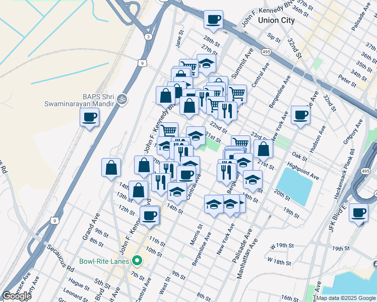 map of restaurants, bars, coffee shops, grocery stores, and more near 1800 Summit Avenue in Union City
