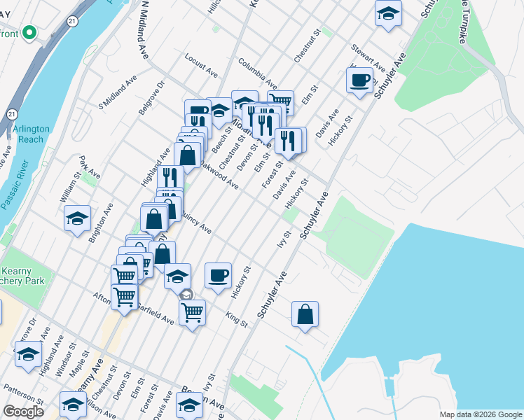 map of restaurants, bars, coffee shops, grocery stores, and more near 380 Davis Avenue in Kearny