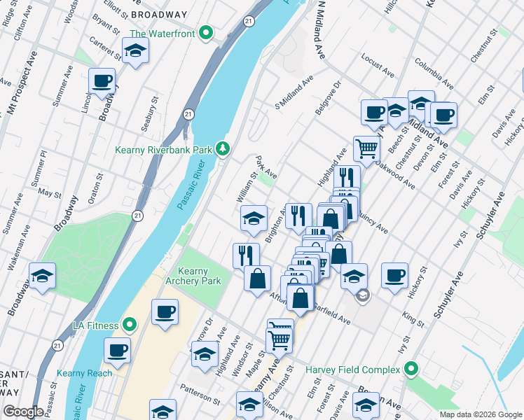map of restaurants, bars, coffee shops, grocery stores, and more near 406 Belgrove Drive in Kearny