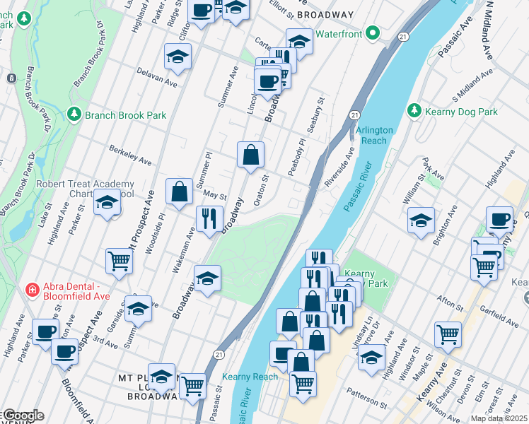 map of restaurants, bars, coffee shops, grocery stores, and more near 41 Herbert Place in Newark