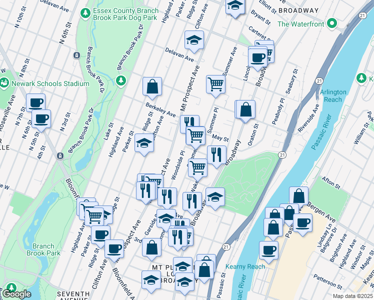map of restaurants, bars, coffee shops, grocery stores, and more near 73 Woodside Place in Newark