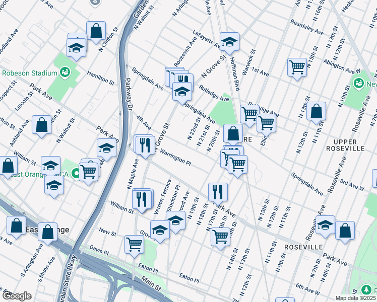 map of restaurants, bars, coffee shops, grocery stores, and more near 48 Warrington Place in East Orange