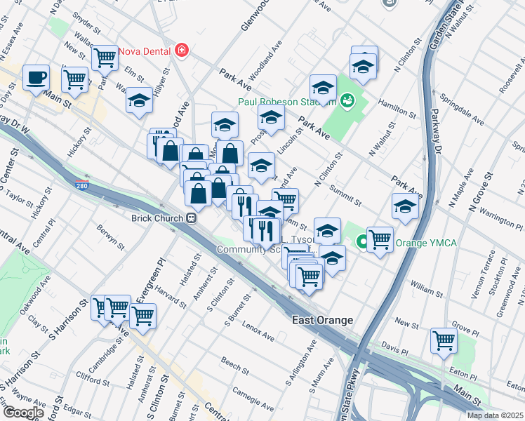 map of restaurants, bars, coffee shops, grocery stores, and more near 23 North Clinton Street in East Orange