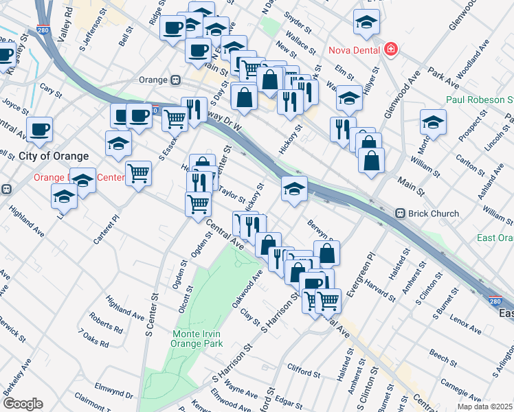 map of restaurants, bars, coffee shops, grocery stores, and more near 162 Central Place in City of Orange
