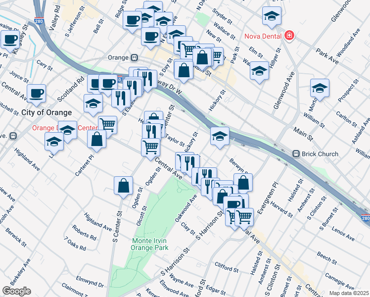 map of restaurants, bars, coffee shops, grocery stores, and more near 154 Chapman Street in City of Orange