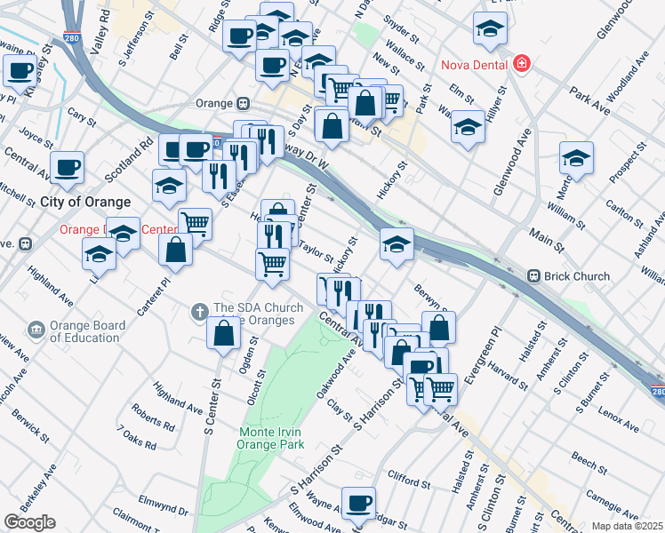 map of restaurants, bars, coffee shops, grocery stores, and more near 154 Chapman Street in City of Orange