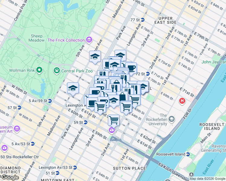 map of restaurants, bars, coffee shops, grocery stores, and more near 200-210 East 65th Street in New York