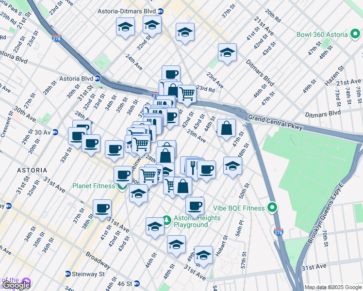 map of restaurants, bars, coffee shops, grocery stores, and more near 25-40 44th Street in Queens