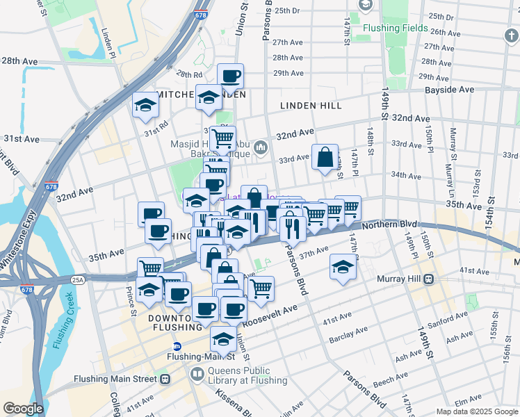 map of restaurants, bars, coffee shops, grocery stores, and more near 139-81 35th Avenue in Queens