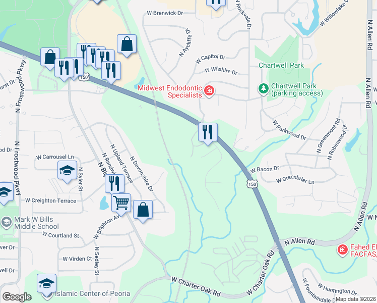 map of restaurants, bars, coffee shops, grocery stores, and more near 6502 North Queen Frances Lane in Peoria