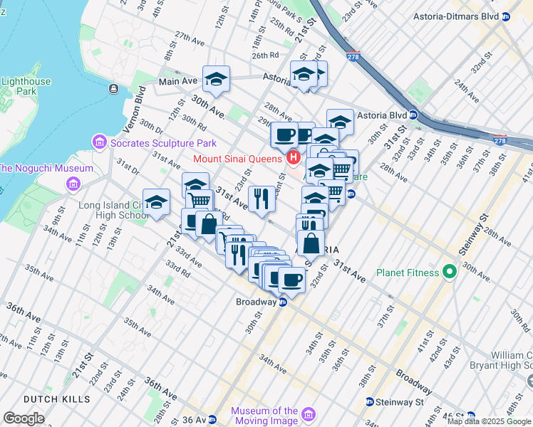 map of restaurants, bars, coffee shops, grocery stores, and more near 30-98 Crescent Street in Queens