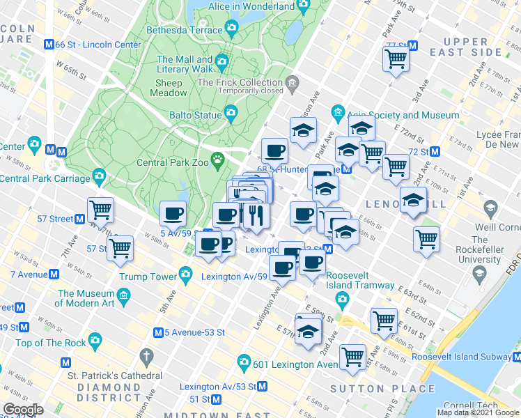 map of restaurants, bars, coffee shops, grocery stores, and more near 25 East 63rd Street in New York