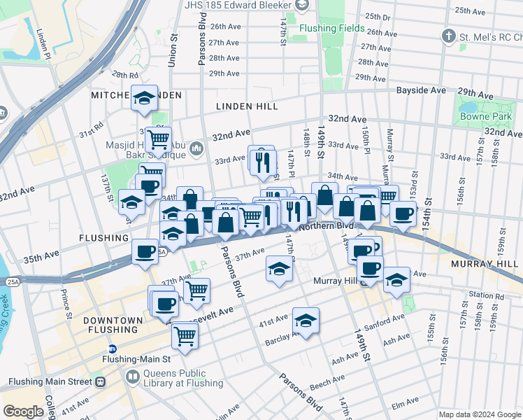 map of restaurants, bars, coffee shops, grocery stores, and more near 35-20 146th Street in Queens