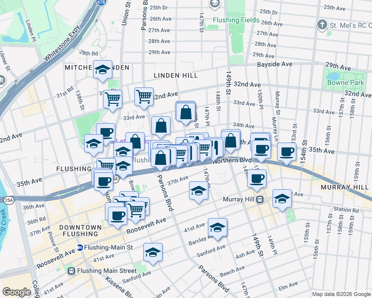 map of restaurants, bars, coffee shops, grocery stores, and more near 35-20 146th Street in Queens