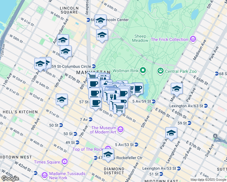 map of restaurants, bars, coffee shops, grocery stores, and more near 150 West 58th Street in New York