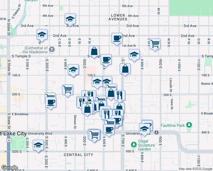 map of restaurants, bars, coffee shops, grocery stores, and more near 145 South 600 East in Salt Lake City