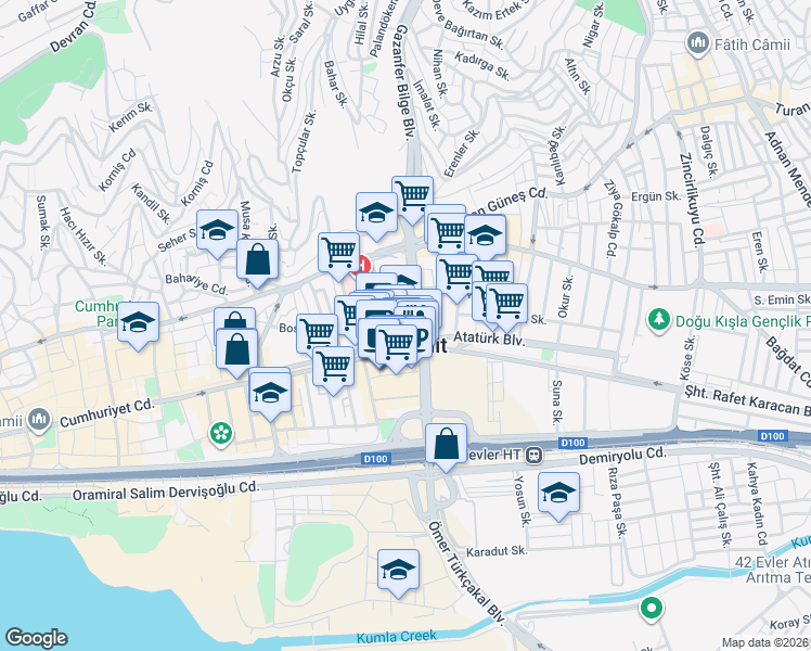 map of restaurants, bars, coffee shops, grocery stores, and more near 1 Gazanfer Bilge Sokak in İzmit