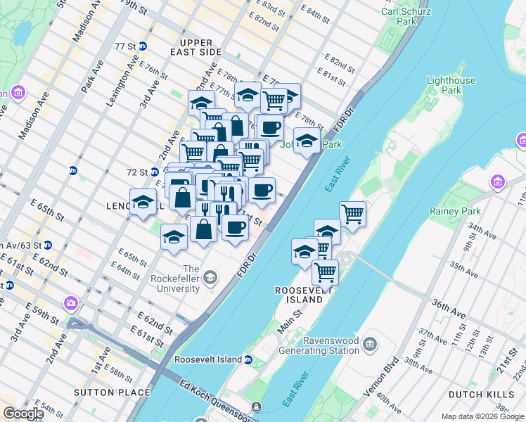 map of restaurants, bars, coffee shops, grocery stores, and more near 524 East 72nd Street in New York