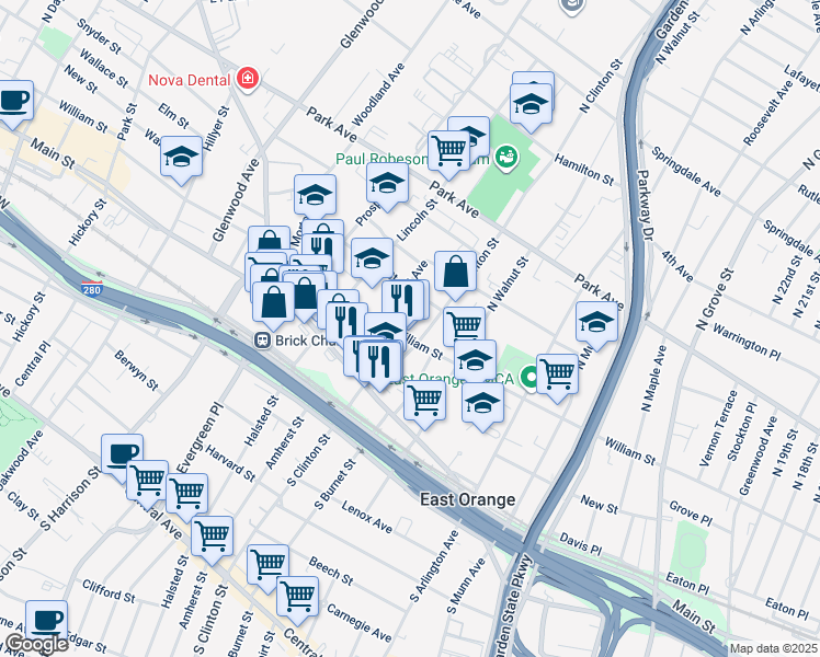map of restaurants, bars, coffee shops, grocery stores, and more near 23 North Clinton Street in East Orange