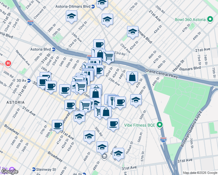 map of restaurants, bars, coffee shops, grocery stores, and more near 25-25 43rd Street in Queens