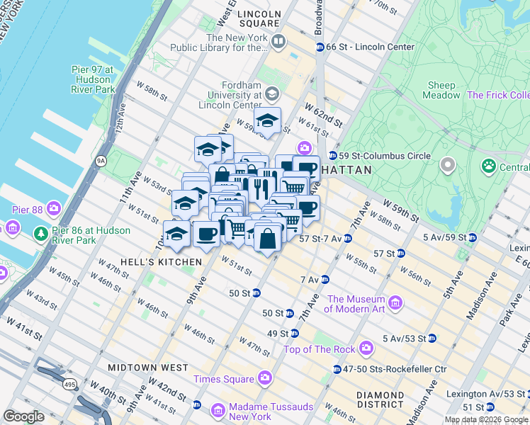 map of restaurants, bars, coffee shops, grocery stores, and more near 345 West 53rd Street in New York