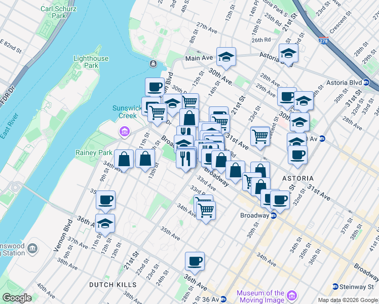 map of restaurants, bars, coffee shops, grocery stores, and more near 14-47 Broadway in Queens