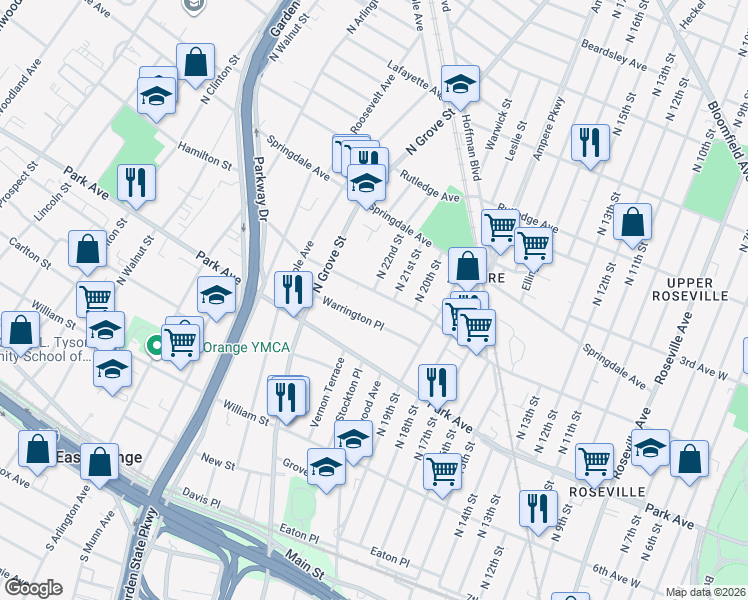 map of restaurants, bars, coffee shops, grocery stores, and more near 48 Warrington Place in East Orange