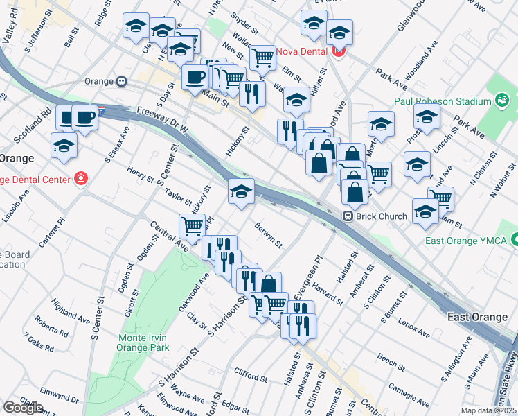 map of restaurants, bars, coffee shops, grocery stores, and more near 47 Berwyn Street in City of Orange