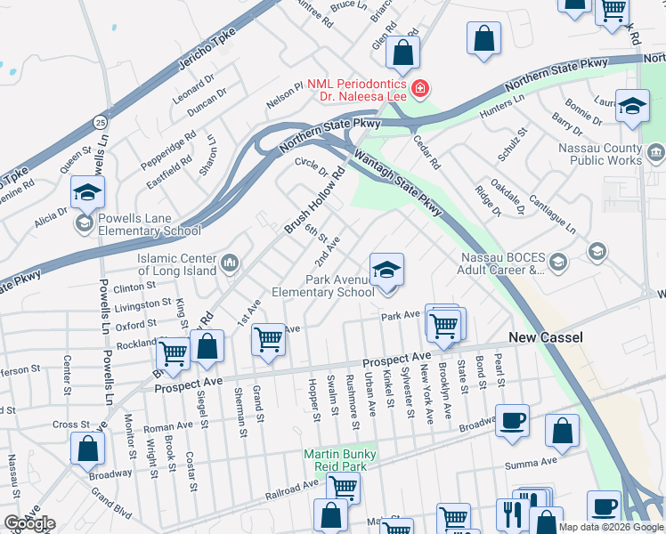 map of restaurants, bars, coffee shops, grocery stores, and more near 29 3rd Avenue in Westbury