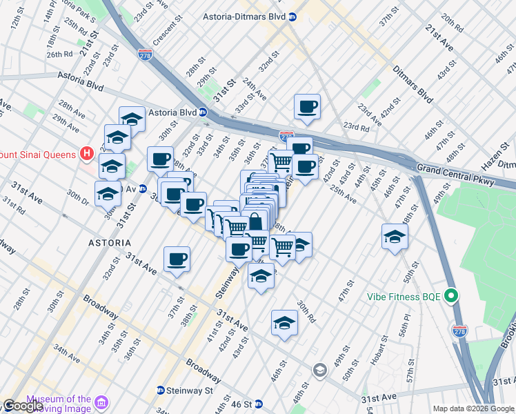 map of restaurants, bars, coffee shops, grocery stores, and more near in Queens