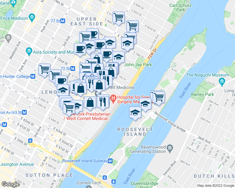 map of restaurants, bars, coffee shops, grocery stores, and more near 523 East 71st Street in New York