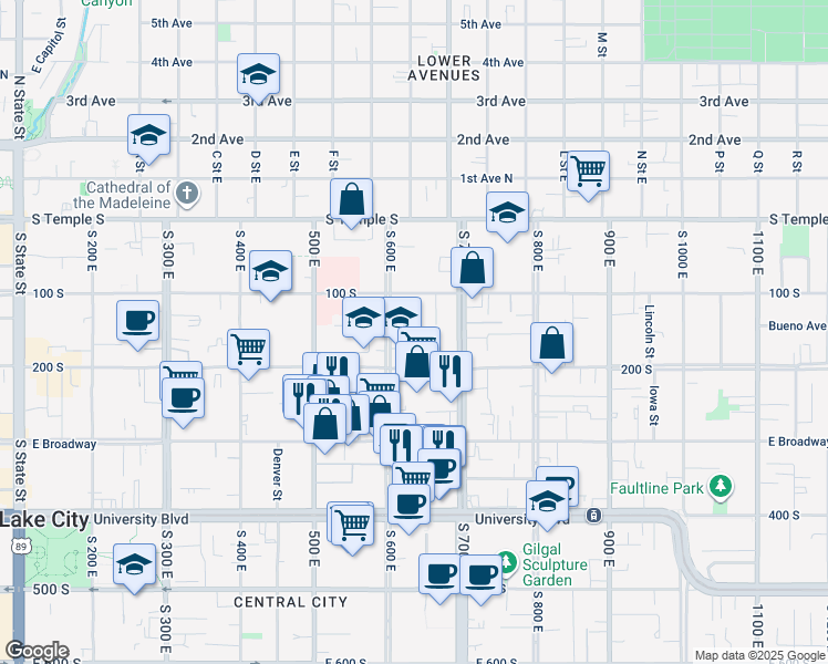map of restaurants, bars, coffee shops, grocery stores, and more near 625 East 200 South in Salt Lake City