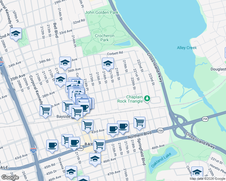 map of restaurants, bars, coffee shops, grocery stores, and more near 39-22 216th Street in Queens