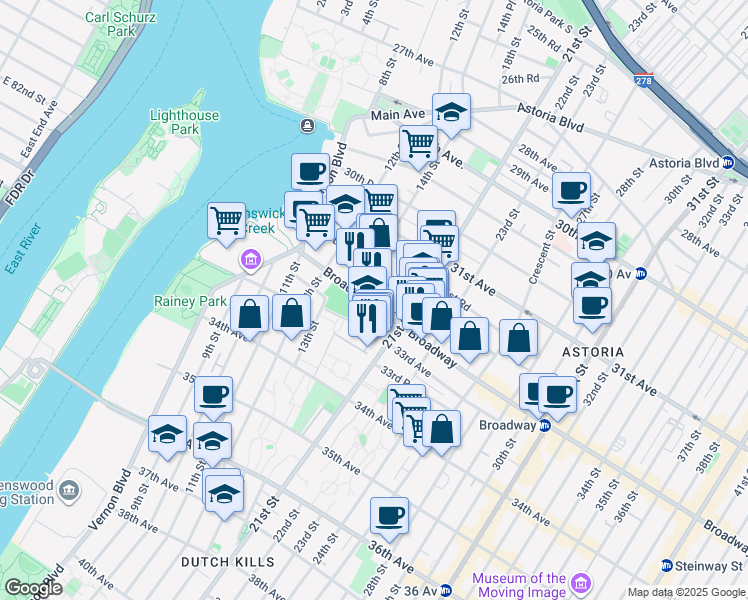 map of restaurants, bars, coffee shops, grocery stores, and more near 14-21 Broadway in Queens