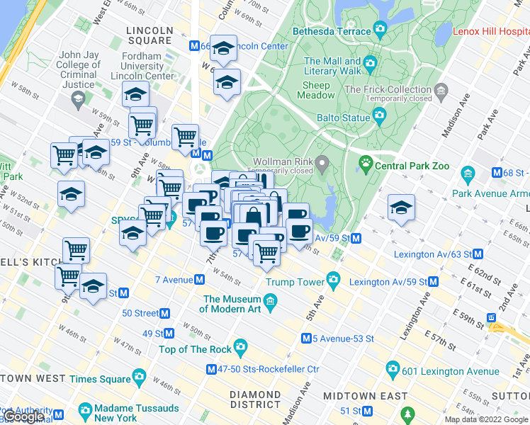 map of restaurants, bars, coffee shops, grocery stores, and more near 150 West 58th Street in New York
