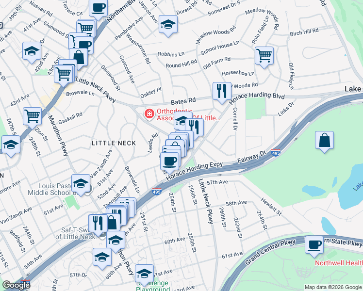 map of restaurants, bars, coffee shops, grocery stores, and more near 54-50 Little Neck Parkway in Queens