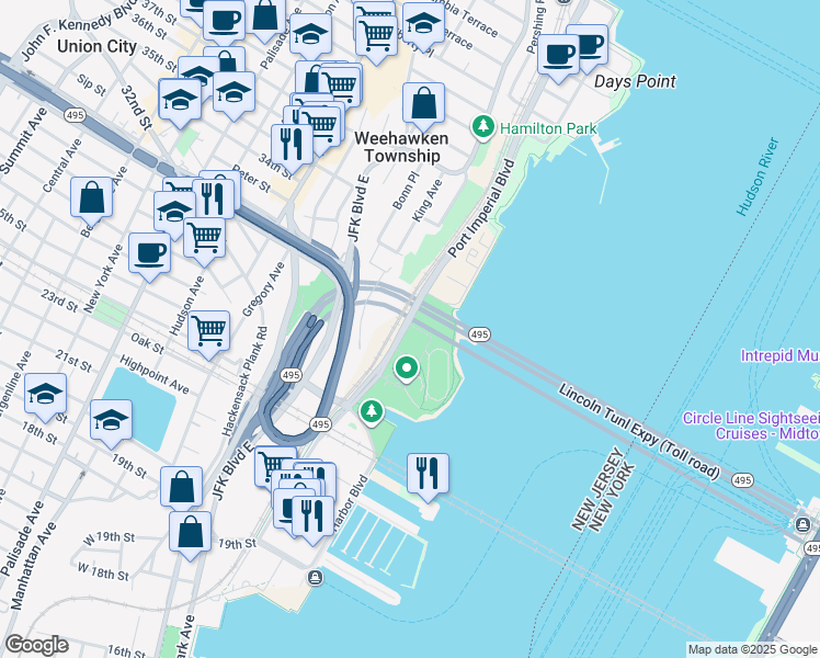 map of restaurants, bars, coffee shops, grocery stores, and more near 2 Port Imperial Boulevard in Weehawken