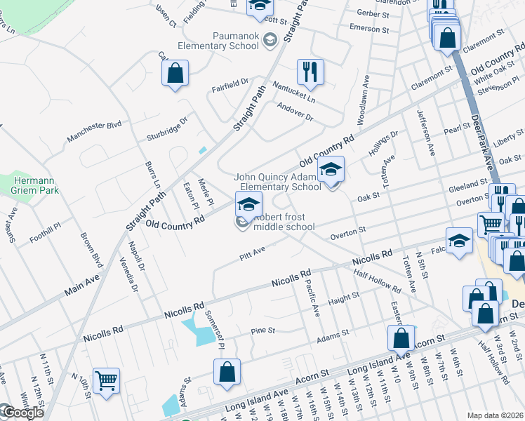 map of restaurants, bars, coffee shops, grocery stores, and more near 457 Half Hollow Road in Deer Park