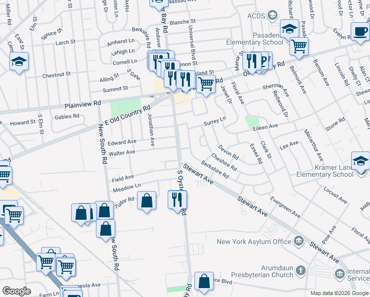 map of restaurants, bars, coffee shops, grocery stores, and more near 18 Berkshire Road in Bethpage
