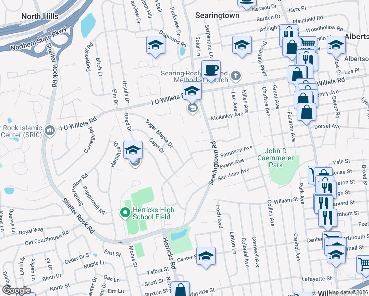 map of restaurants, bars, coffee shops, grocery stores, and more near 6 Sugar Maple Drive in Roslyn