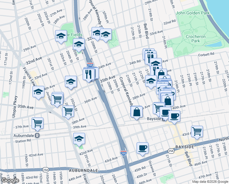 map of restaurants, bars, coffee shops, grocery stores, and more near 36-21 208th Street in Queens