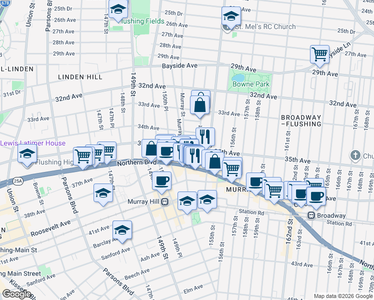map of restaurants, bars, coffee shops, grocery stores, and more near 35-28 153rd Street in Queens